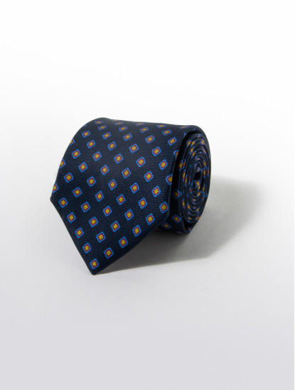 Patrick Hellmann CollectionNavy Blue Tie With Yellow Pattern 100% Silkimage814
